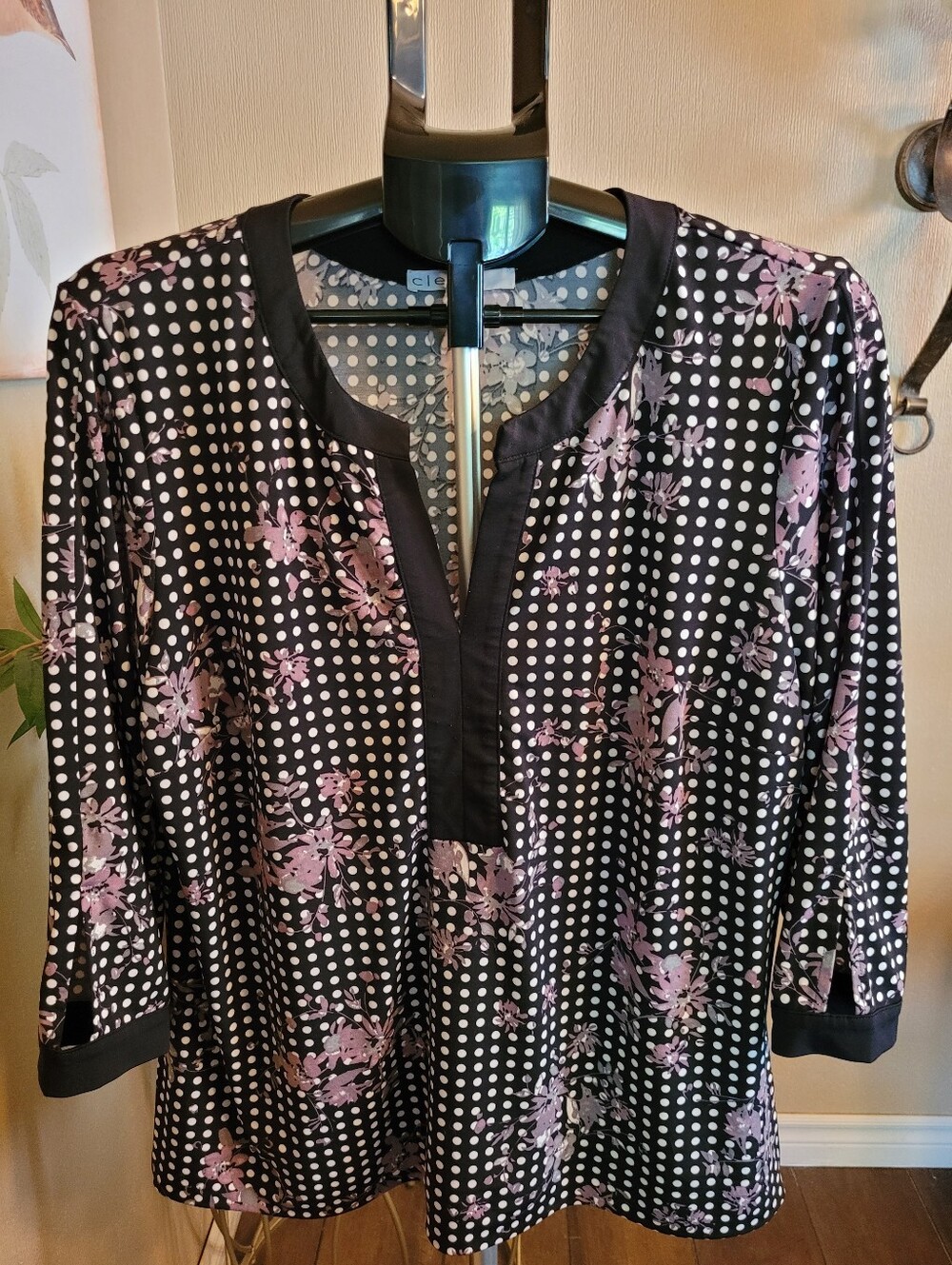 Cleo Women’s Black Polka Dot & Pink Floral Blouse